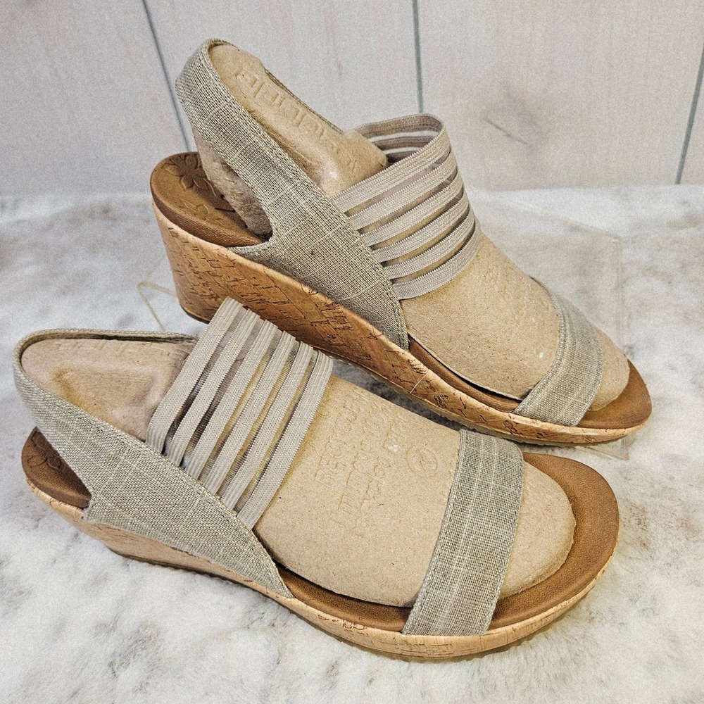 Skechers Womens Taupe Beverly High Tea Wedge Sandals Heels 9 Boho Cottagecore